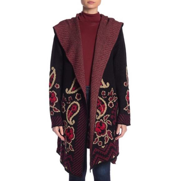 Vertigo Draped Front Hooded Sweater BOHO FESTIVAL Split Sides Paisley Small NEW - Picture 1 of 8
